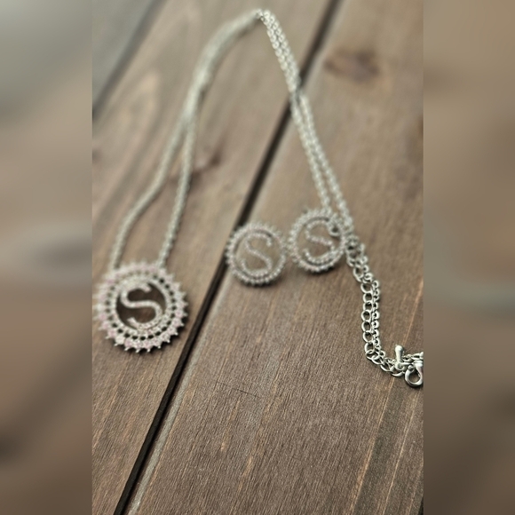 Initial "S" Rhinestone Necklace and Earrings Set - Picture 2 of 4